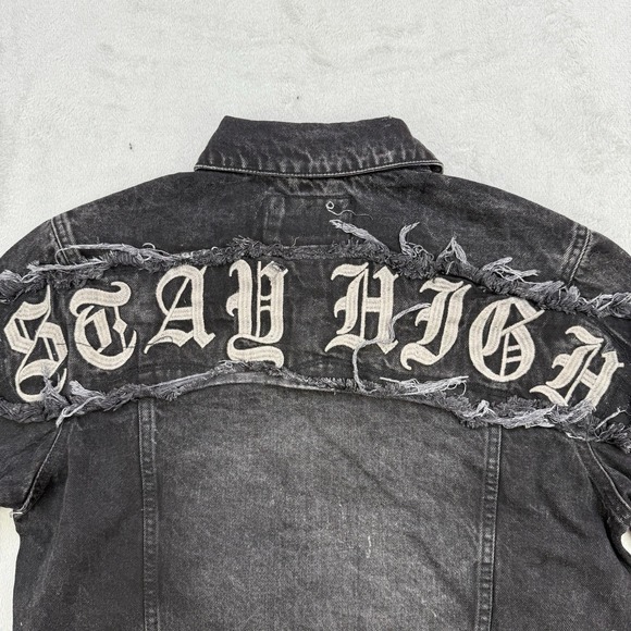 R3BEL‎ Jacket Mens Large Denim Black Embroidered Paradise Thrashed Distressed - Picture 11 of 11